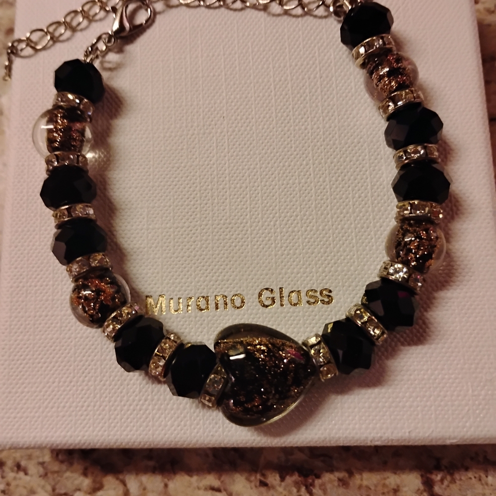 Murano Black and Gold Heart Charm Bracelet